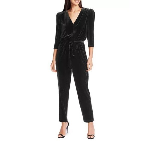 1.STATE Womens Velvet One Piece Jumpsuit Black XL V-Neck Stretch Puff 3/4 Sleeve - Picture 1 of 10